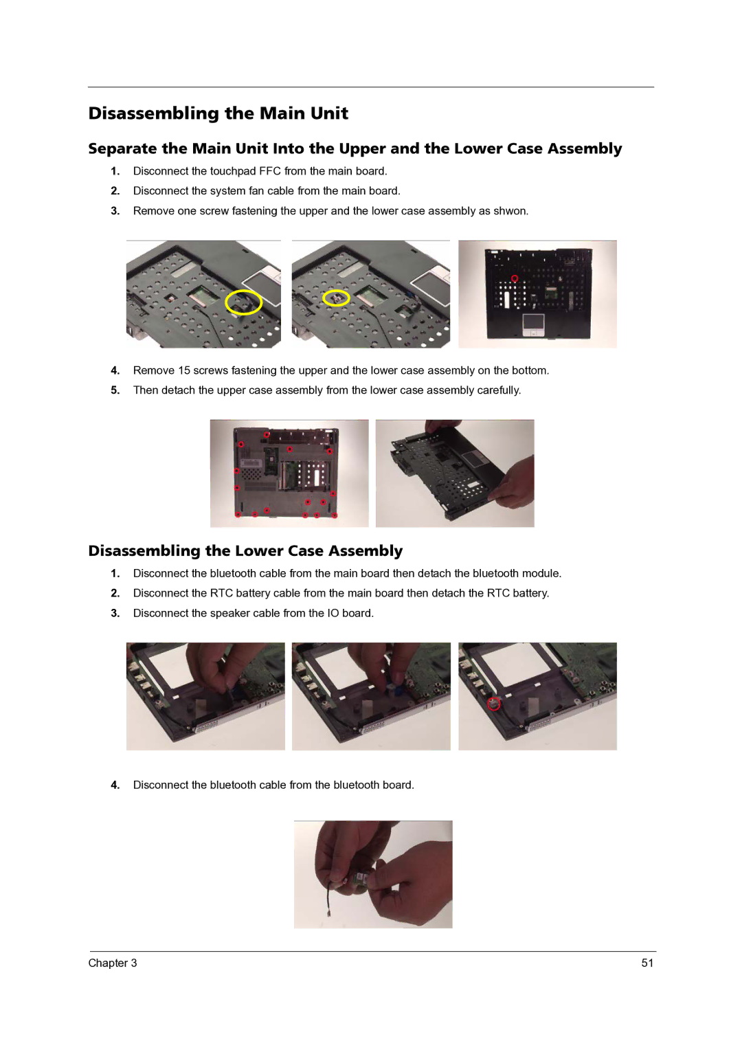 Acer 3300 manual Disassembling the Main Unit, Disassembling the Lower Case Assembly 