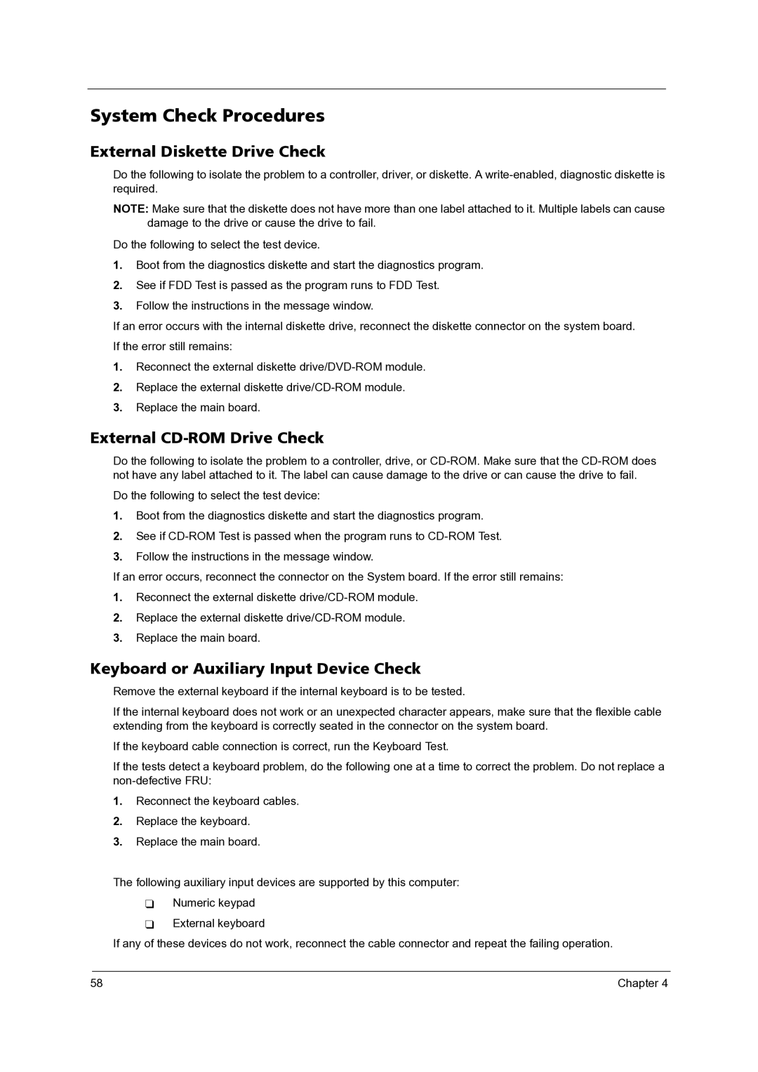 Acer 3300 manual System Check Procedures, External Diskette Drive Check, External CD-ROM Drive Check 