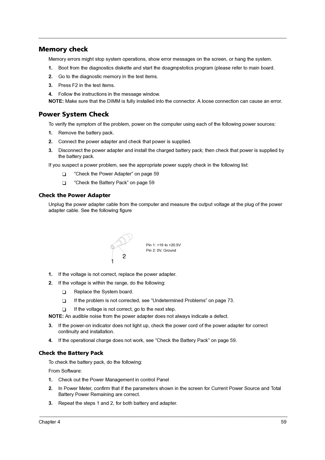 Acer 3300 manual Memory check, Power System Check 