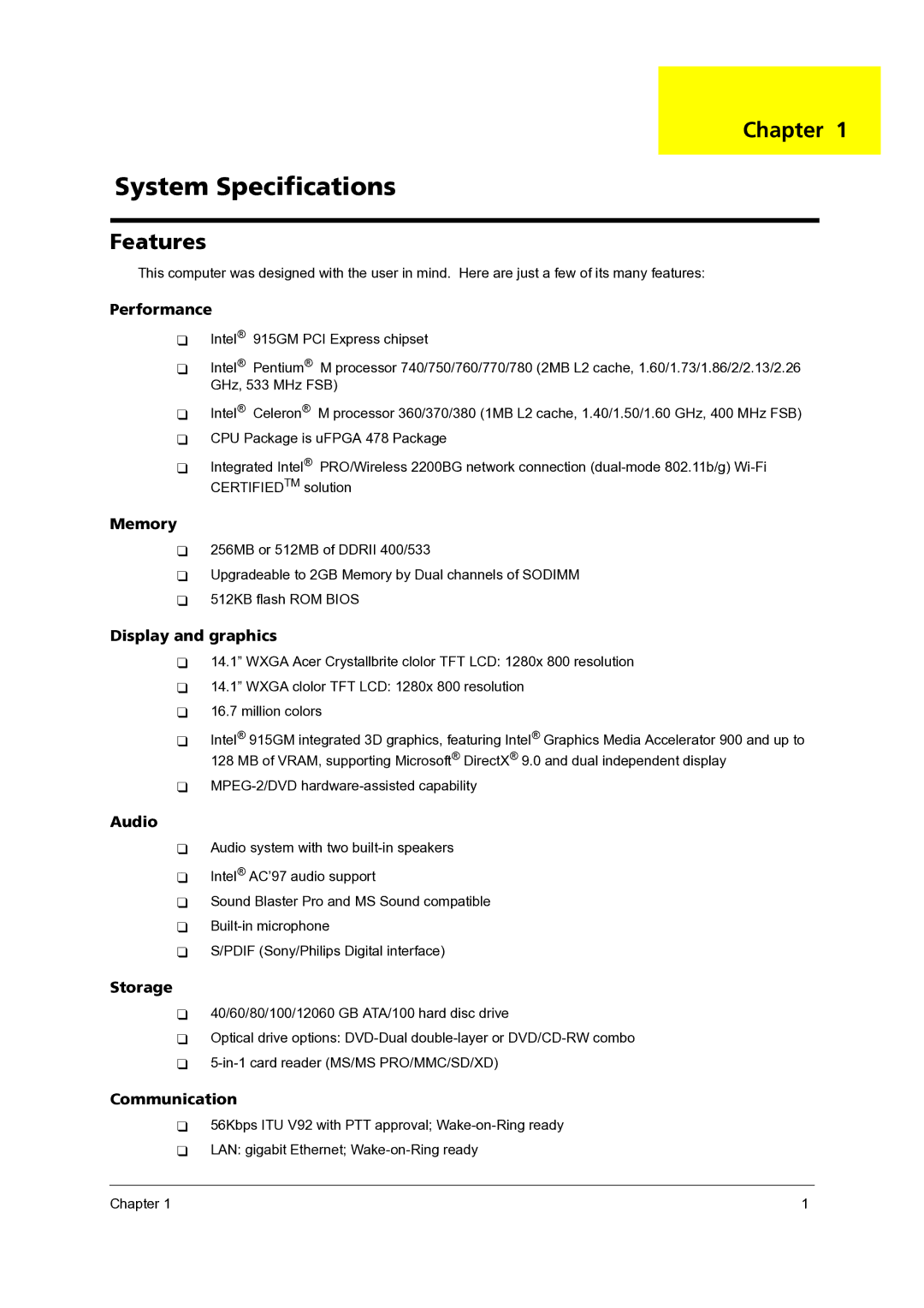 Acer 3300 manual Chapter, Features 