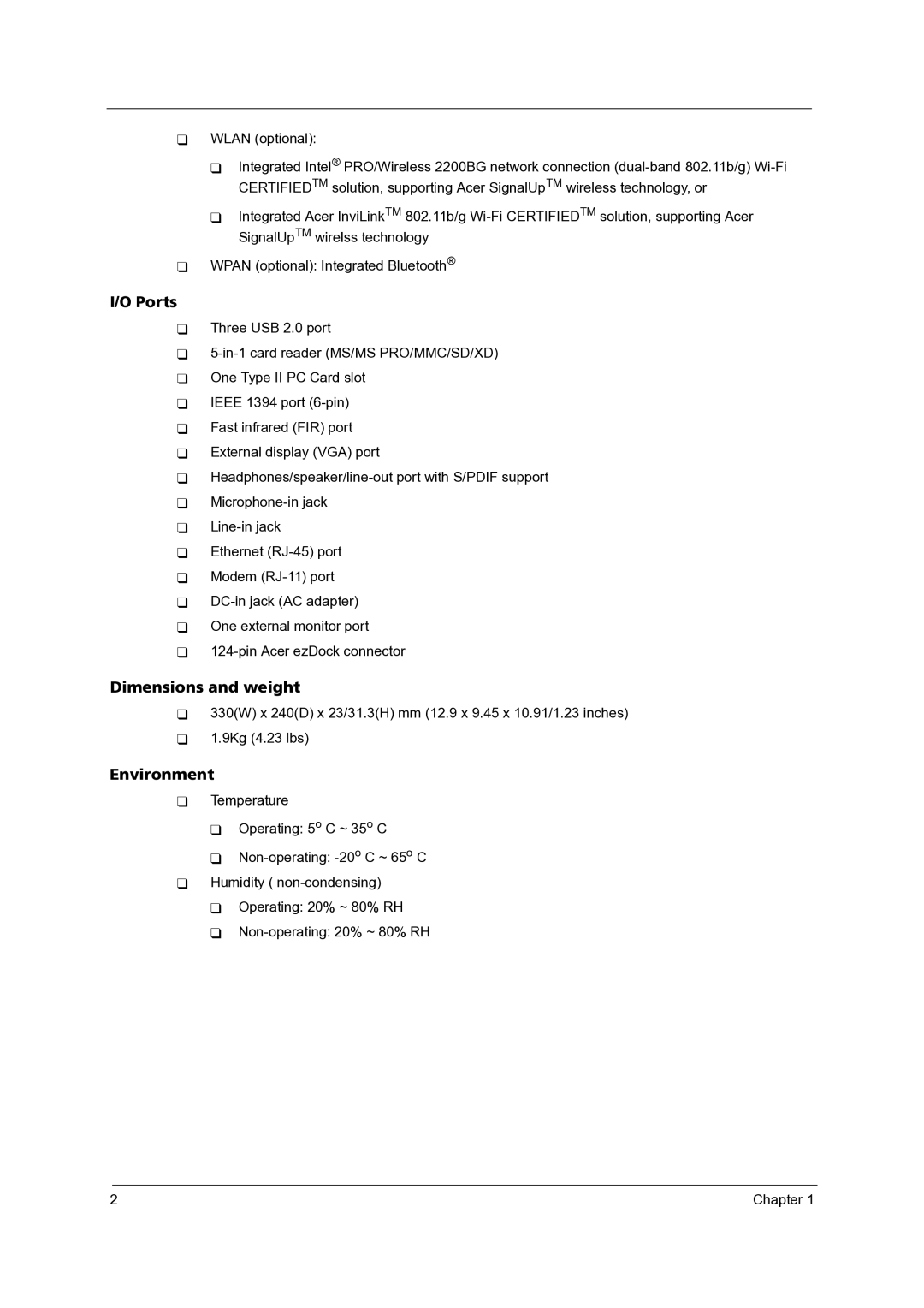 Acer 3300 manual Dimensions and weight 