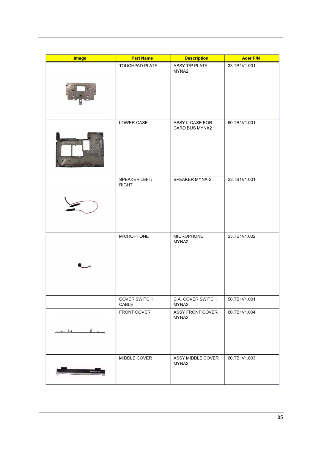 Acer 3300 manual Touchpad Plate Assy T/P Plate 