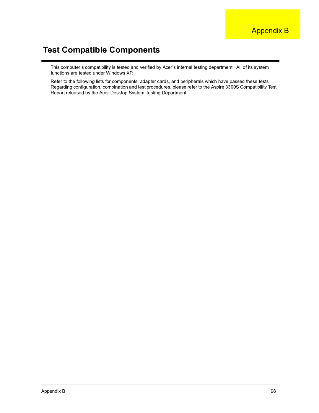 Acer 3300S manual Test Compatible Components 