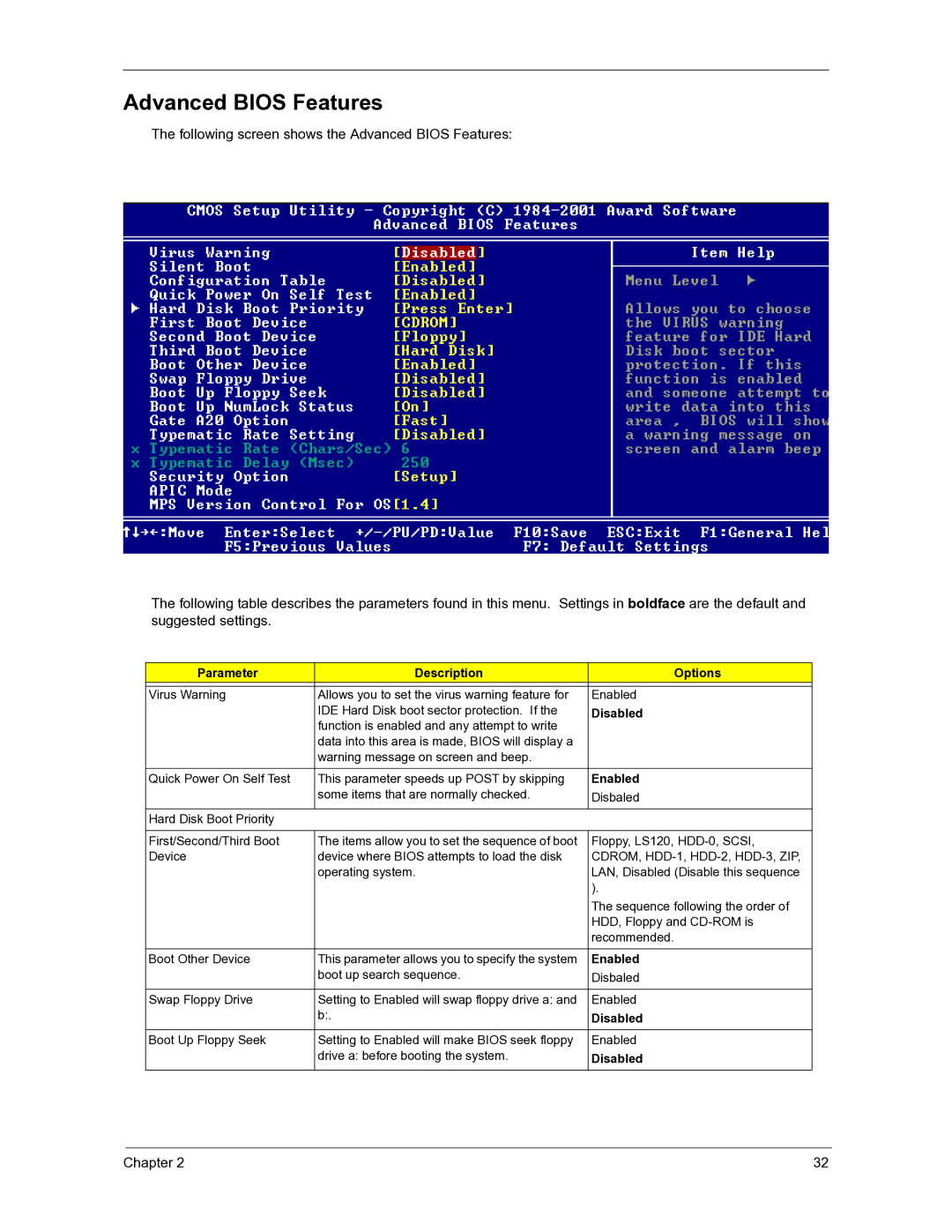 Acer 3300S manual Advanced Bios Features, Disabled, Enabled 