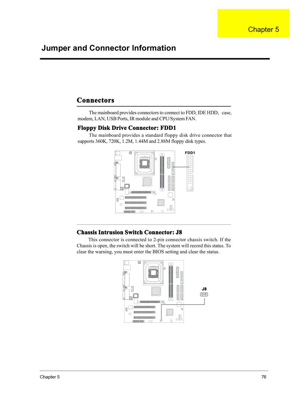 Acer 3300S manual Floppy Disk Drive Connector FDD1, Chassis Intrusion Switch Connector J8 