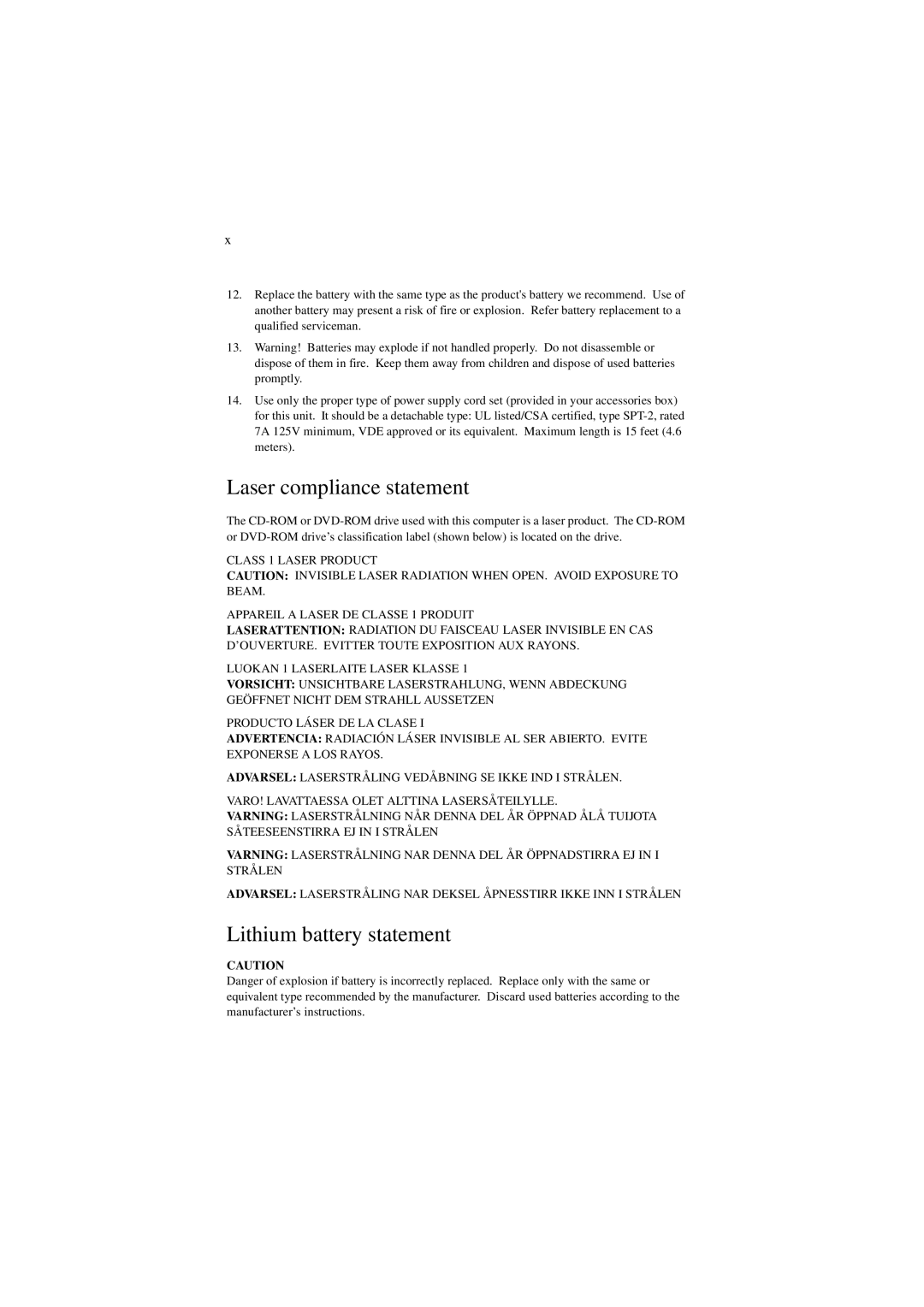 Acer 340 Series manual Laser compliance statement, Lithium battery statement 