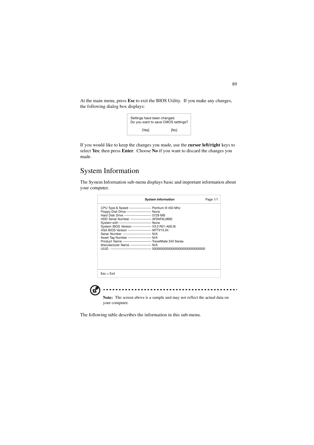 Acer 340 Series manual System Information 