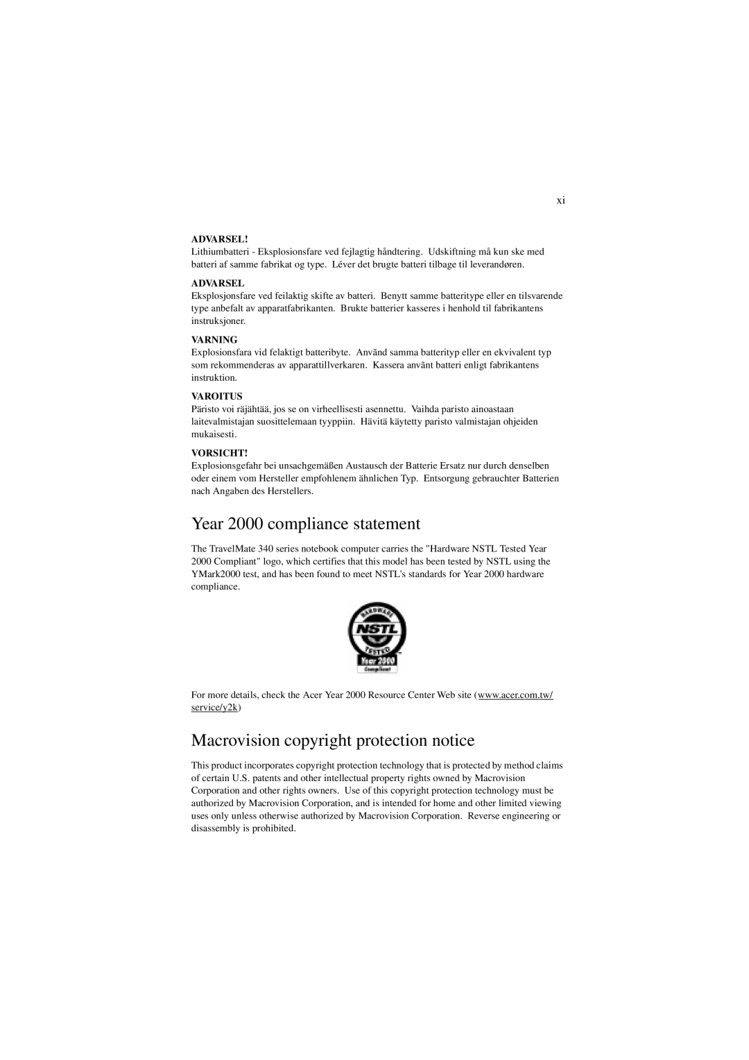 Acer 340 Series manual Year 2000 compliance statement, Macrovision copyright protection notice 