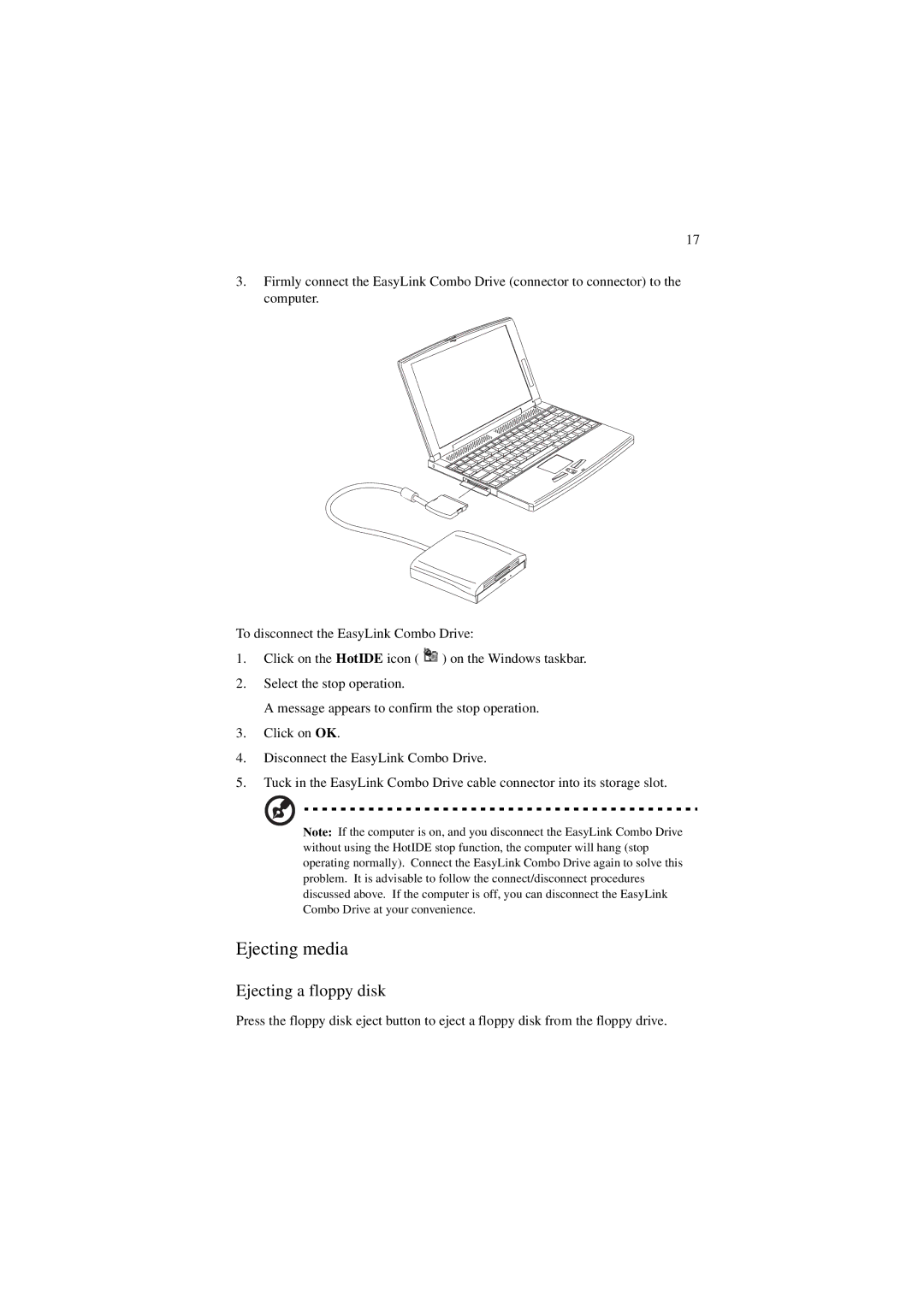 Acer 340 Series manual Ejecting media, Ejecting a floppy disk 