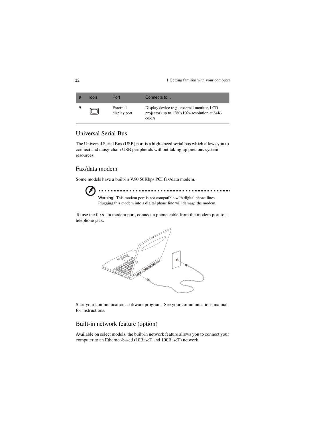 Acer 340 Series manual Universal Serial Bus, Fax/data modem, Built-in network feature option 