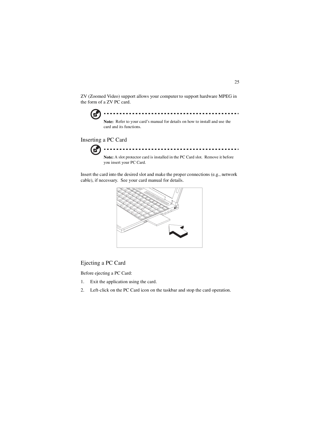 Acer 340 Series manual Inserting a PC Card, Ejecting a PC Card 