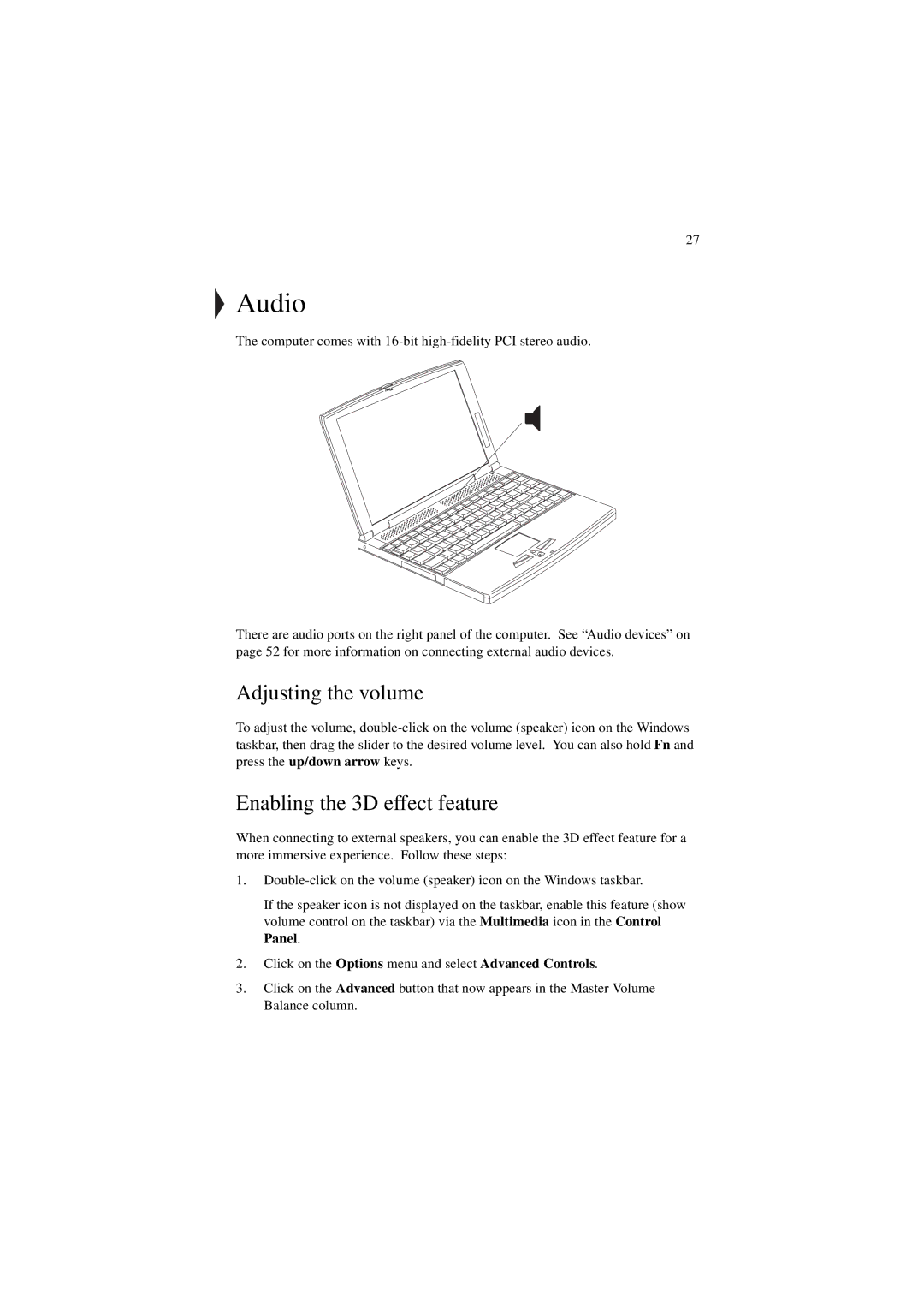 Acer 340 Series manual Audio, Adjusting the volume, Enabling the 3D effect feature 