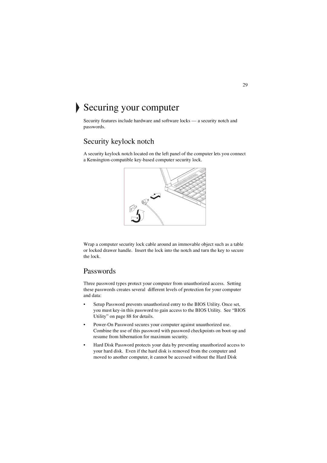 Acer 340 Series manual Securing your computer, Security keylock notch, Passwords 