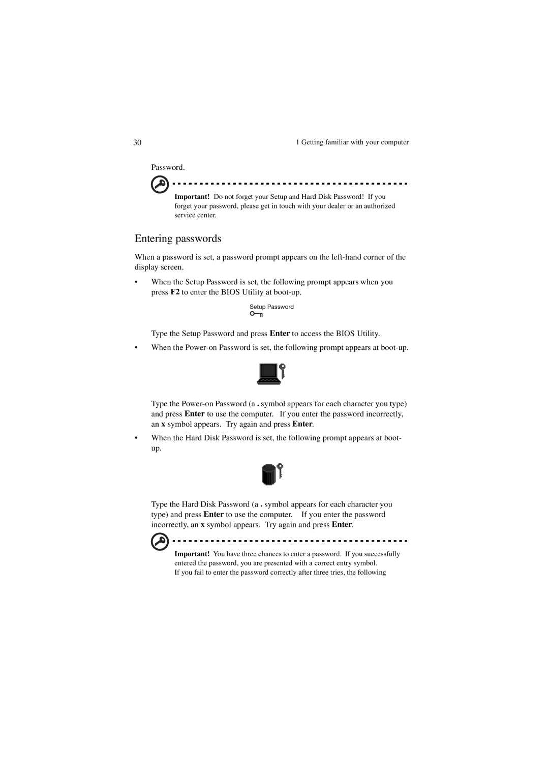 Acer 340 Series manual Entering passwords 