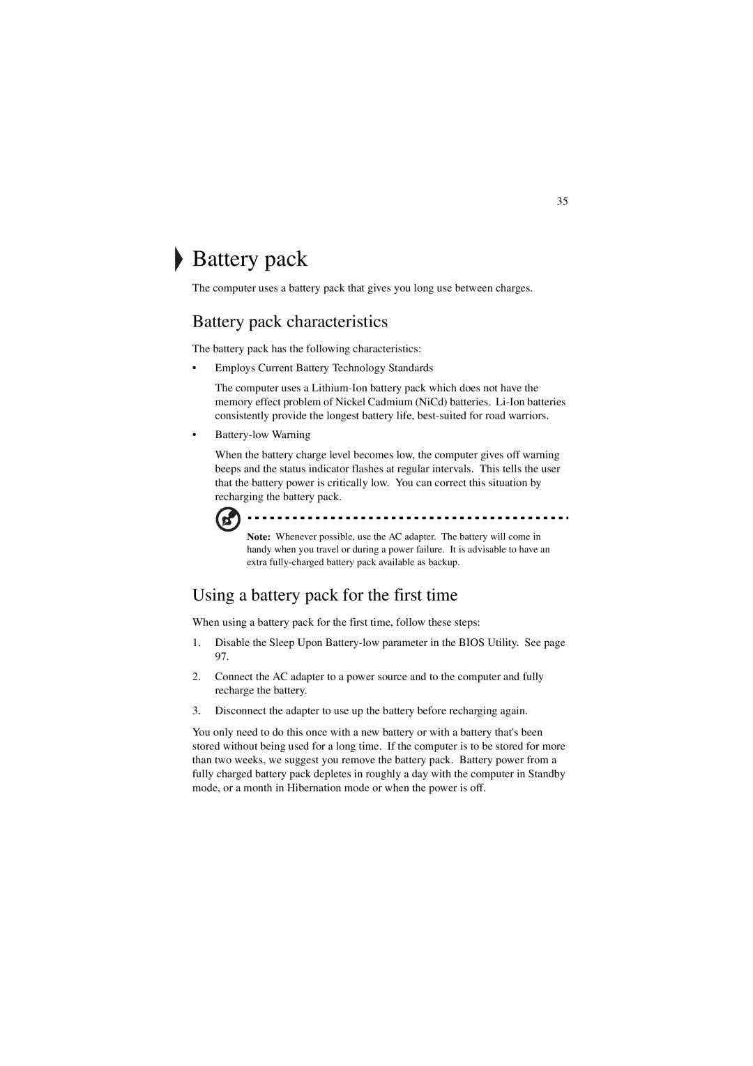 Acer 340 Series manual Battery pack characteristics, Using a battery pack for the first time 