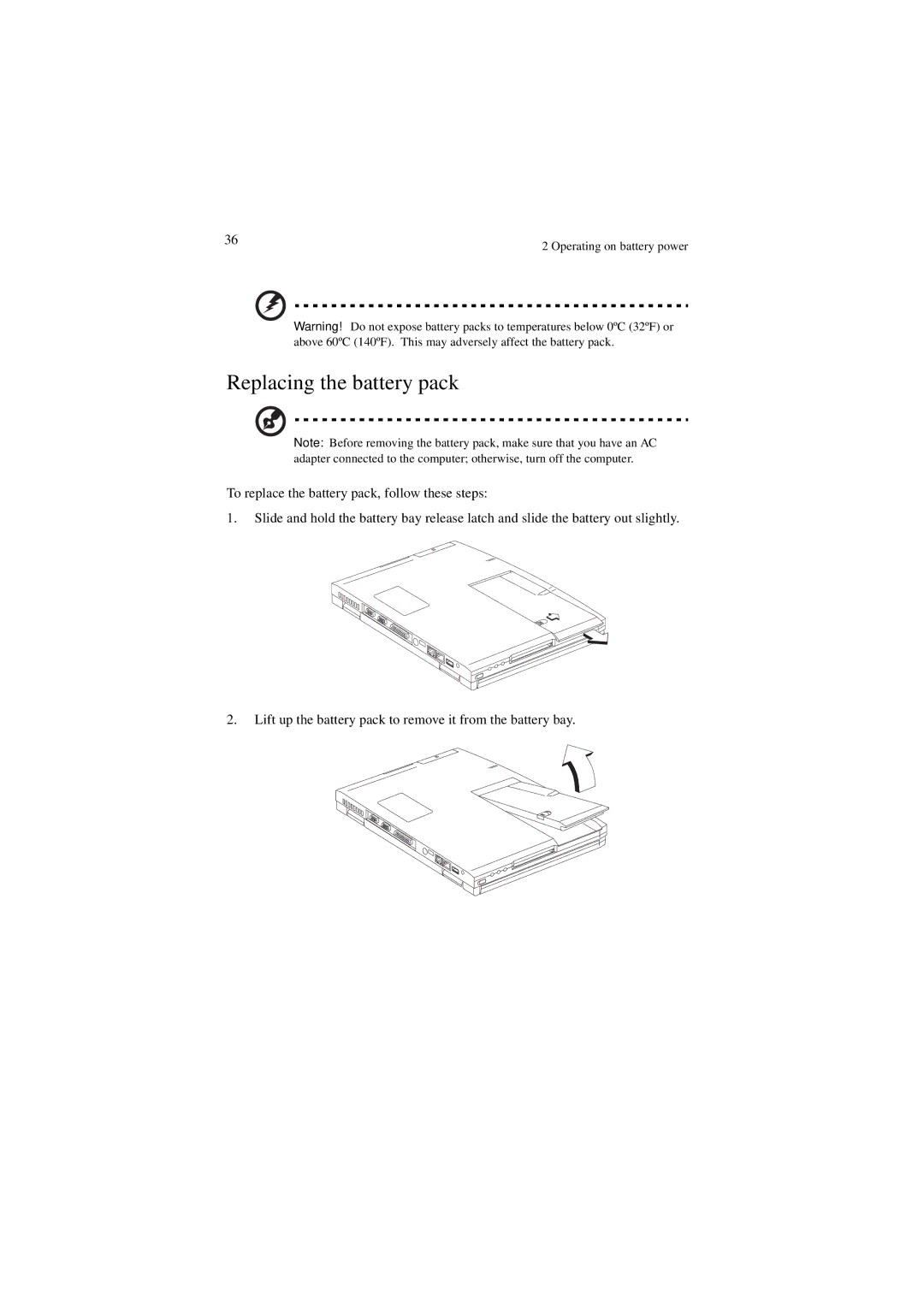 Acer 340 Series manual Replacing the battery pack 