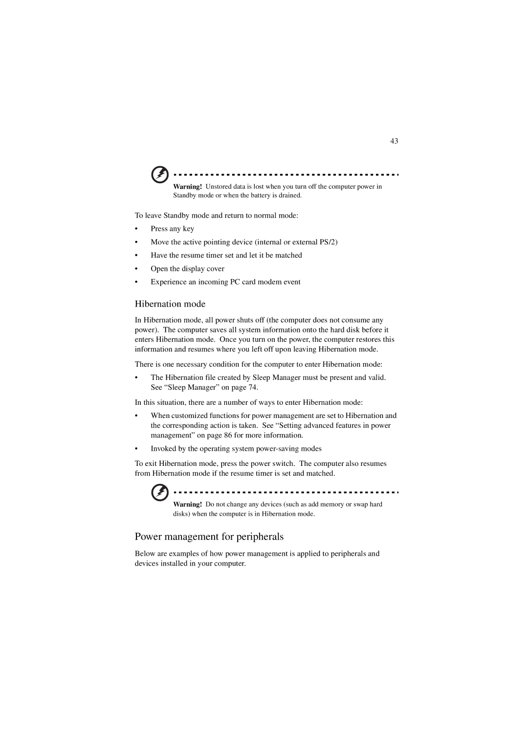 Acer 340 Series manual Power management for peripherals, Hibernation mode 