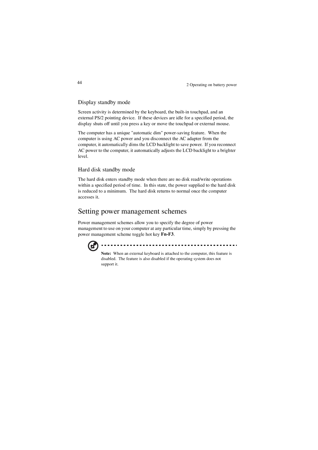 Acer 340 Series manual Setting power management schemes, Display standby mode, Hard disk standby mode 