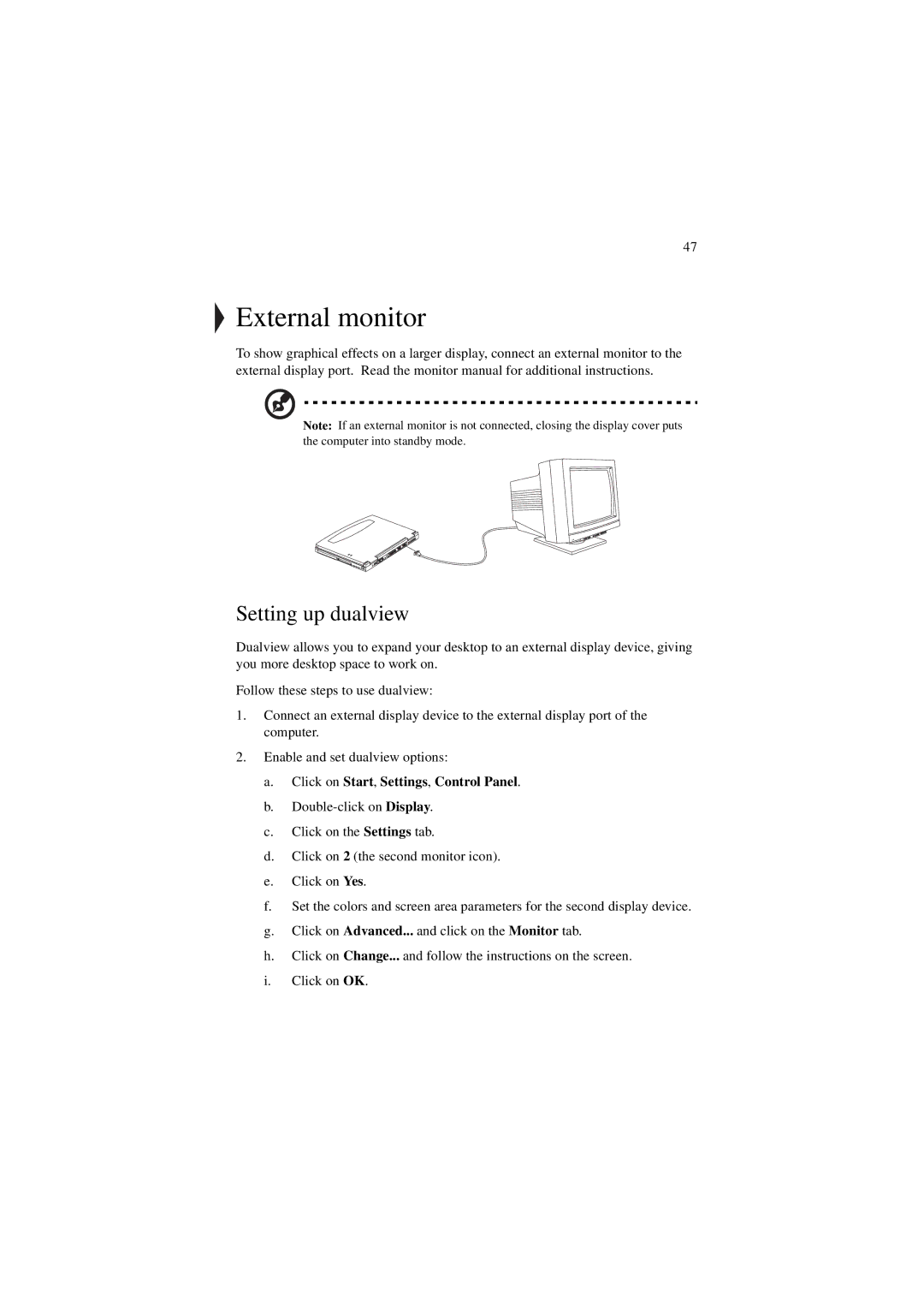 Acer 340 Series manual External monitor, Setting up dualview 