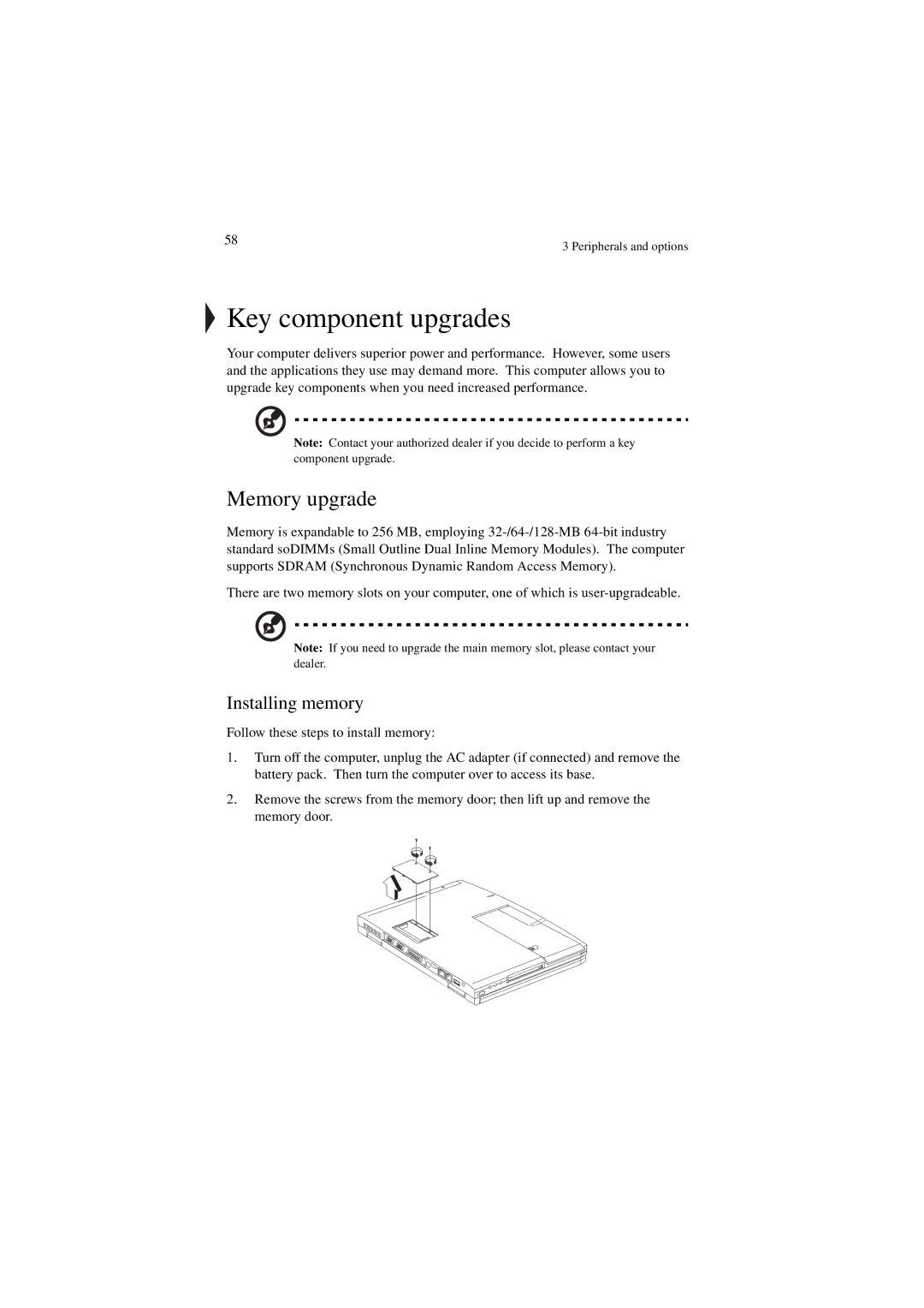 Acer 340 Series manual Key component upgrades, Memory upgrade, Installing memory 