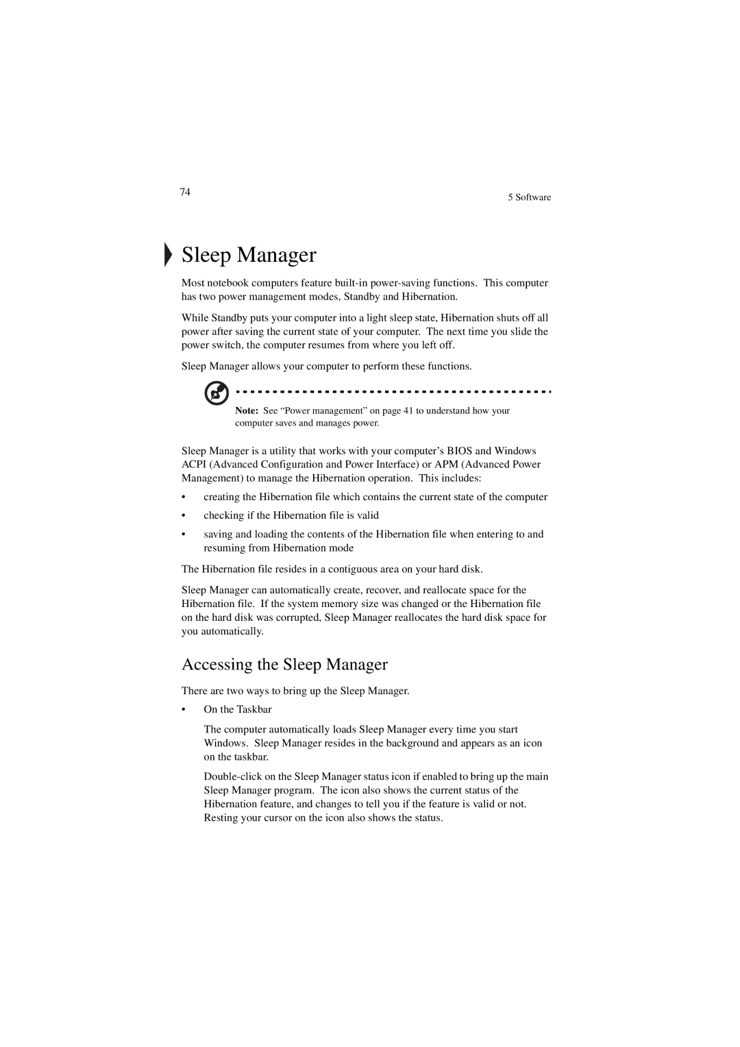 Acer 340 Series manual Accessing the Sleep Manager 