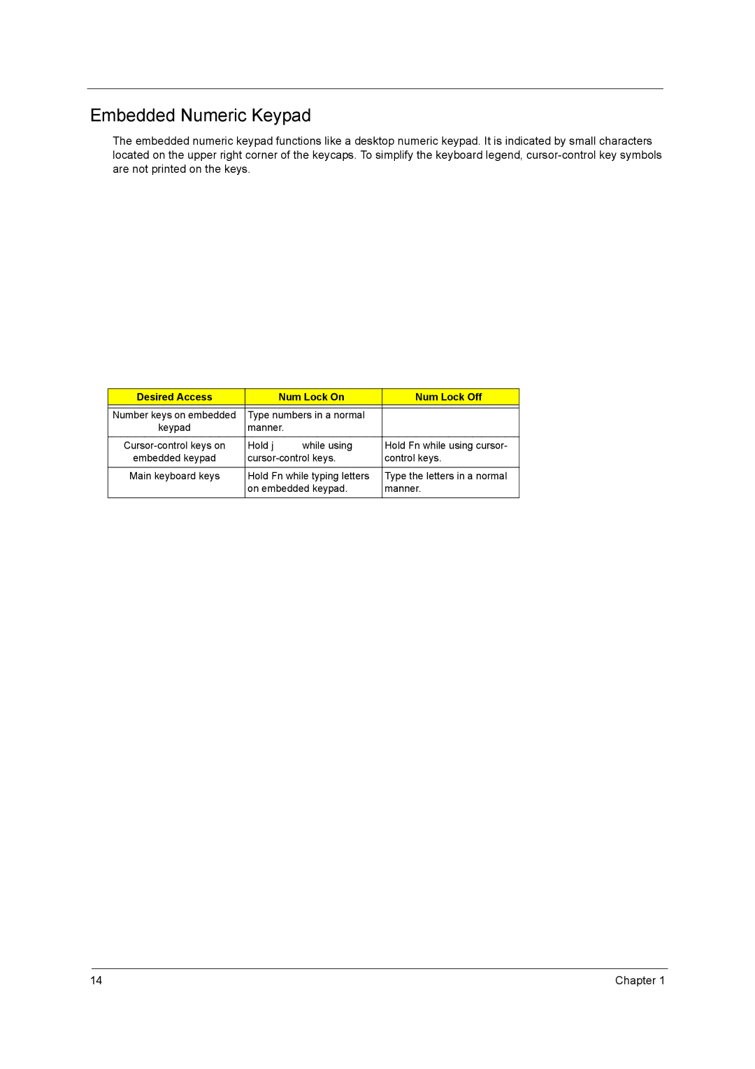 Acer 3400 Series manual Embedded Numeric Keypad, Desired Access Num Lock On Num Lock Off 