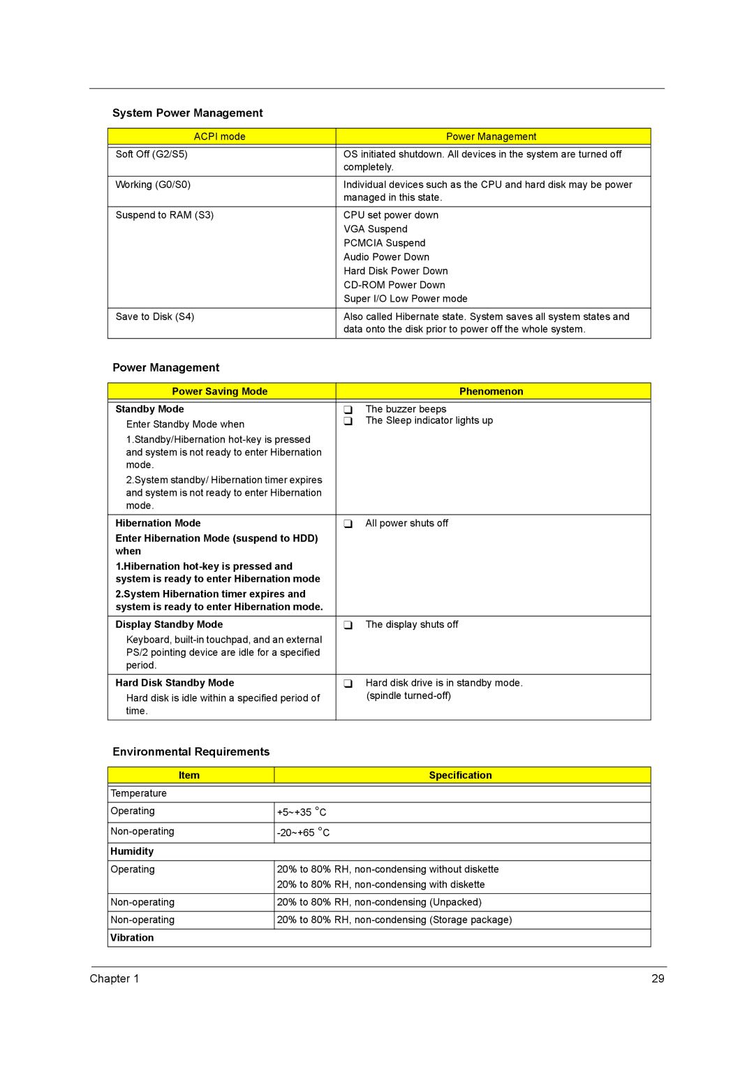 Acer 3400 Series manual Power Management, Environmental Requirements 