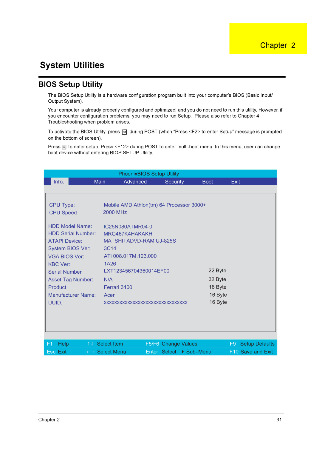 Acer 3400 Series manual System Utilities, Bios Setup Utility 