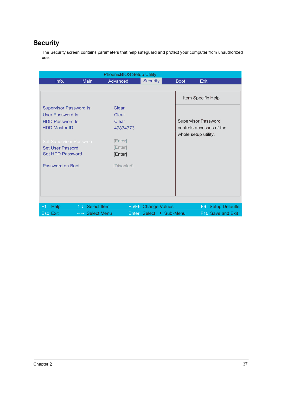 Acer 3400 Series manual Security, Boot Exit 