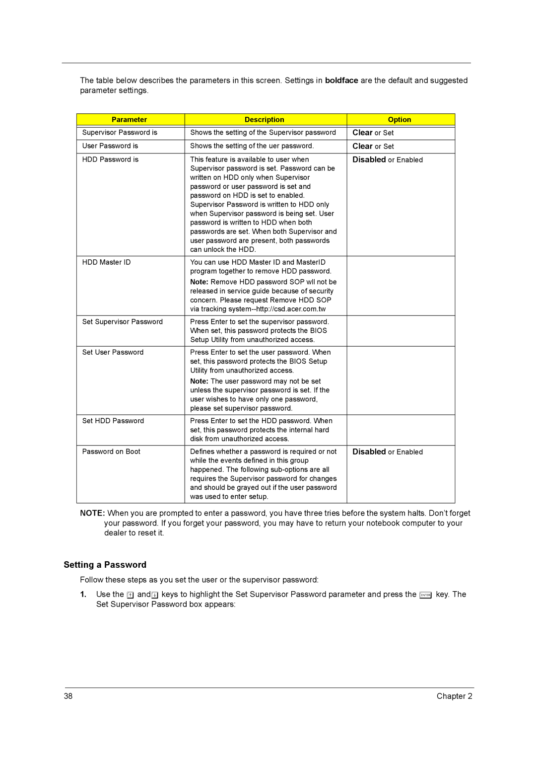 Acer 3400 Series manual Clear or Set, Parameter Description Option 