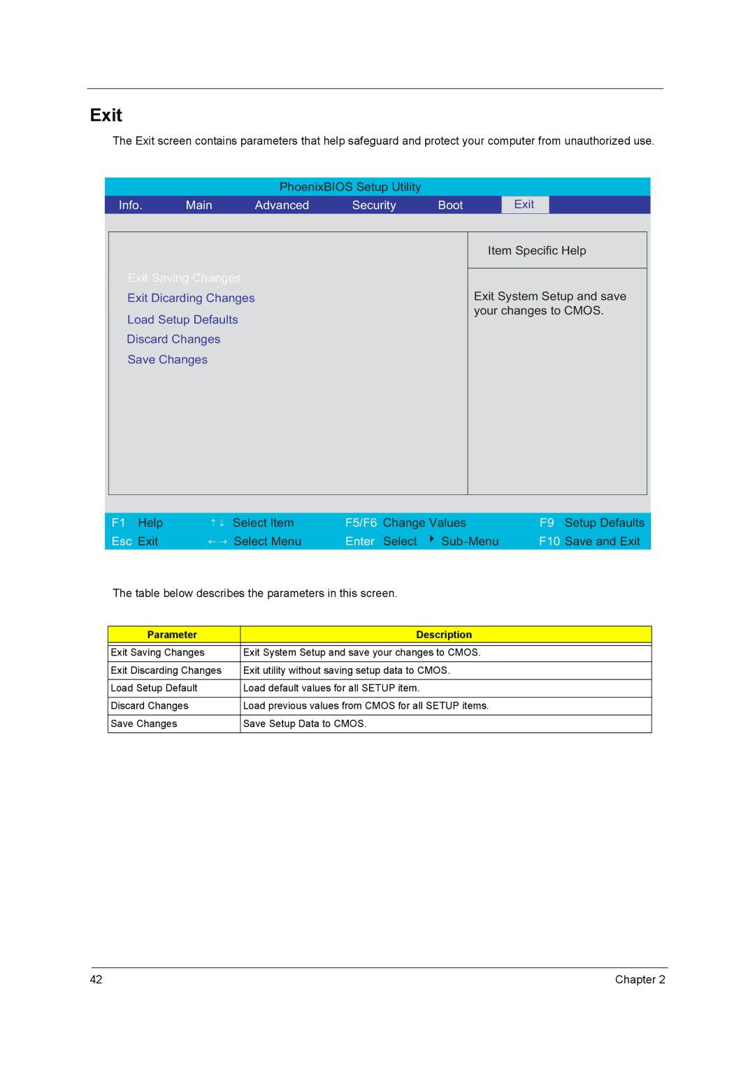 Acer 3400 Series manual Exit, Info Main Advanced Security Boot 