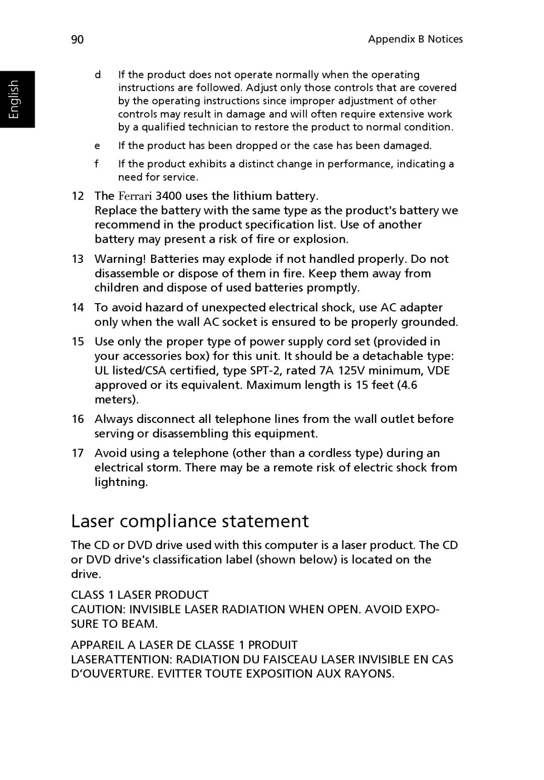 Acer 3400 manual Laser compliance statement 