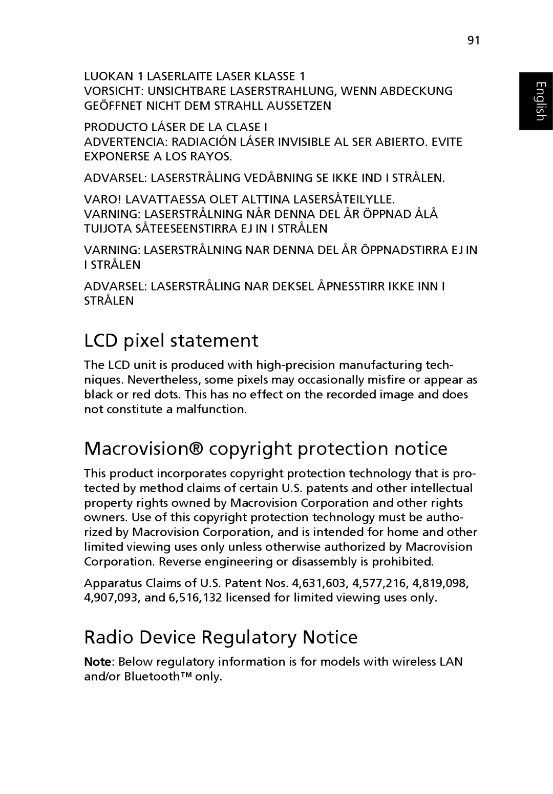 Acer 3400 manual LCD pixel statement, Macrovision copyright protection notice, Radio Device Regulatory Notice 