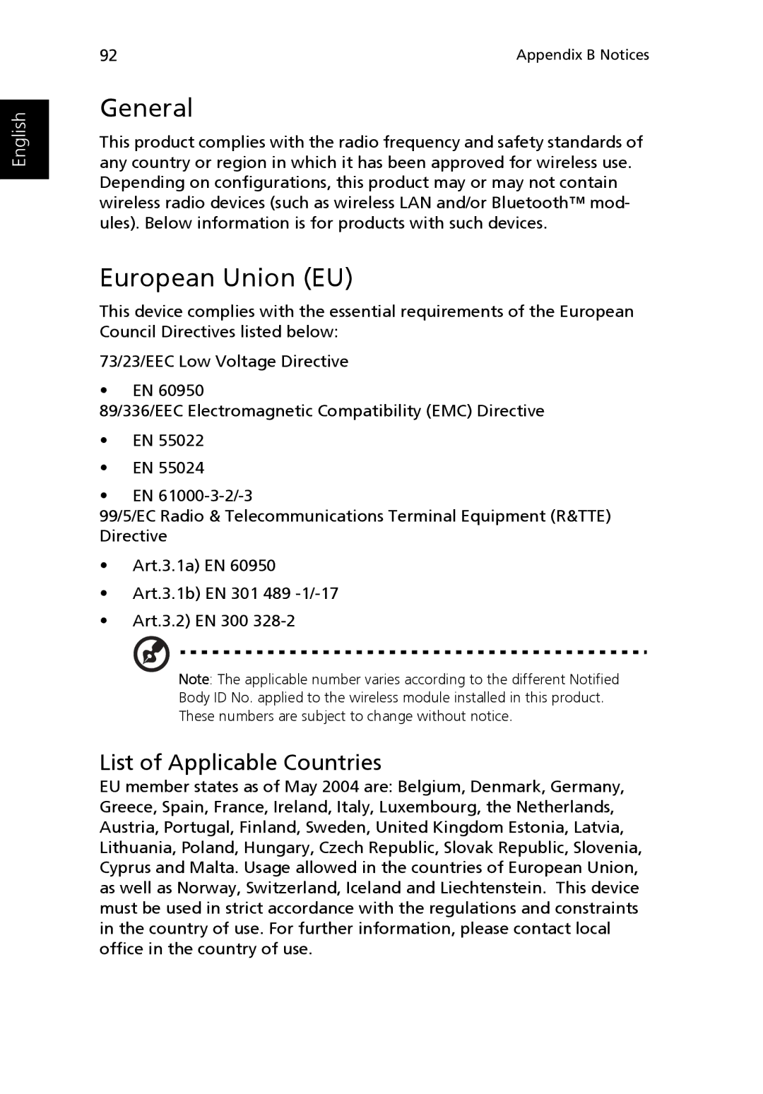 Acer 3400 manual General, European Union EU 