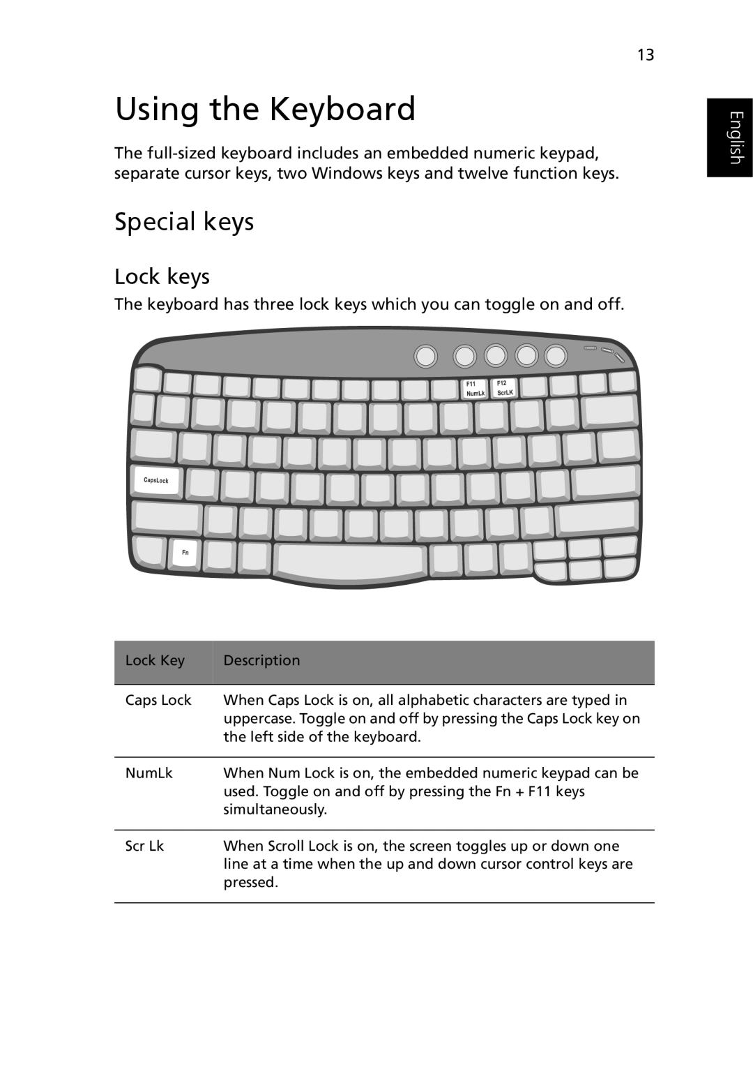 Acer 3400 manual Using the Keyboard, Special keys, Lock keys 