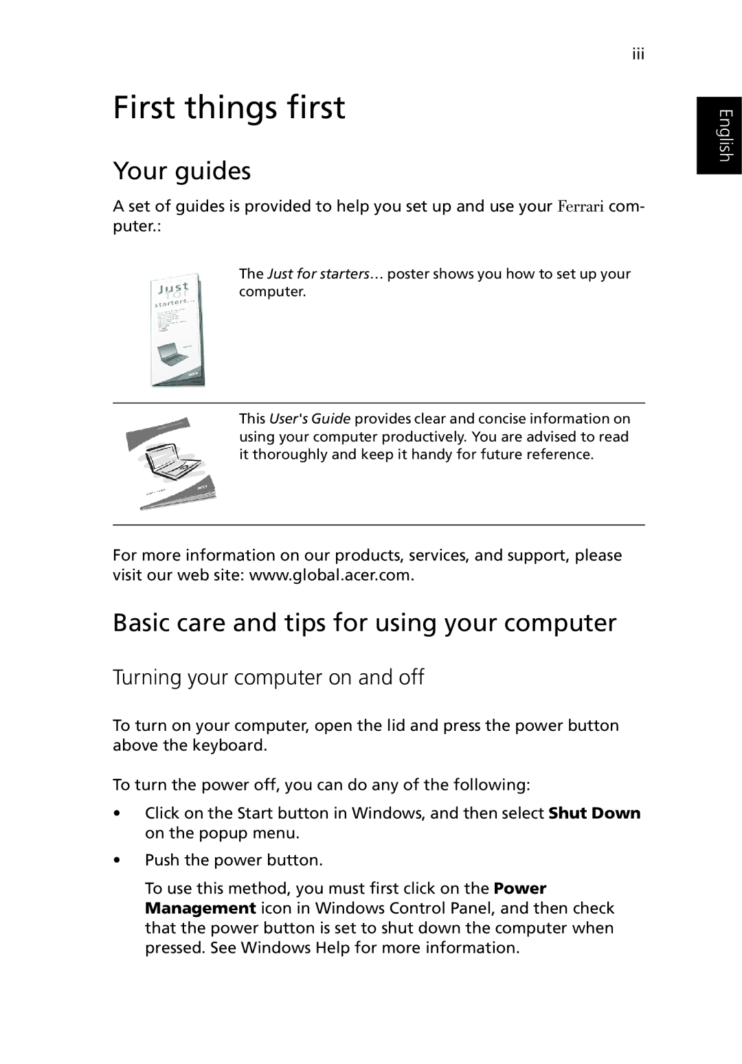 Acer 3400 First things first, Your guides, Basic care and tips for using your computer, Turning your computer on and off 