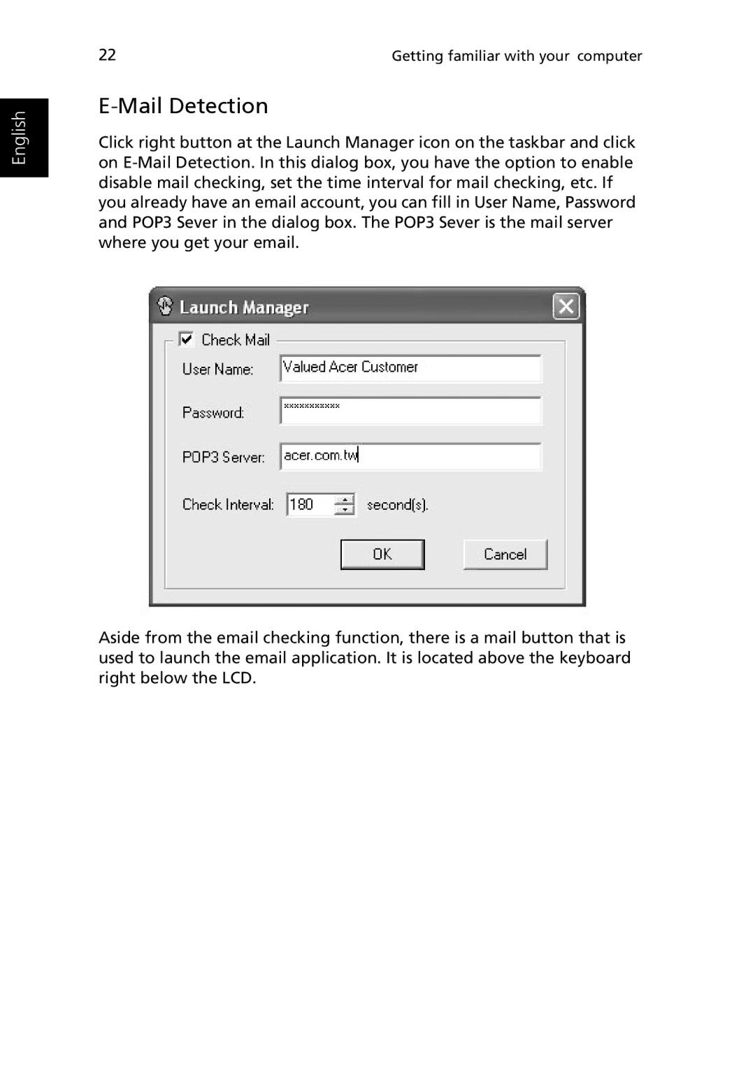 Acer 3400 manual Mail Detection 