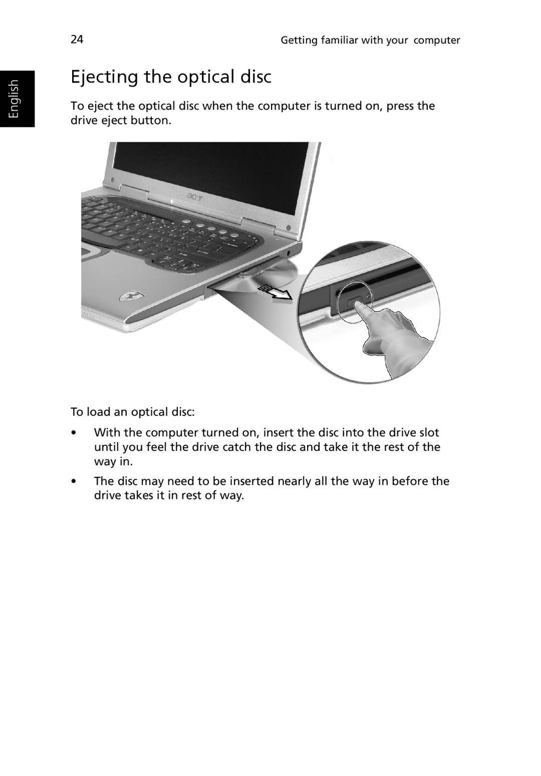 Acer 3400 manual Ejecting the optical disc 