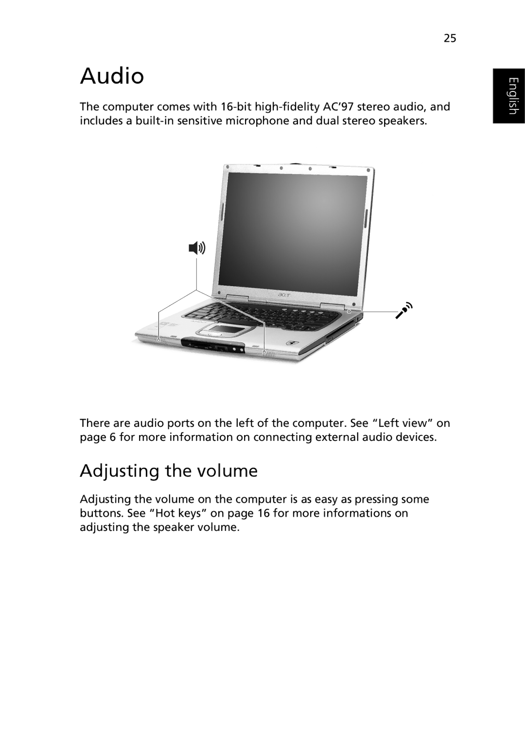 Acer 3400 manual Audio, Adjusting the volume 