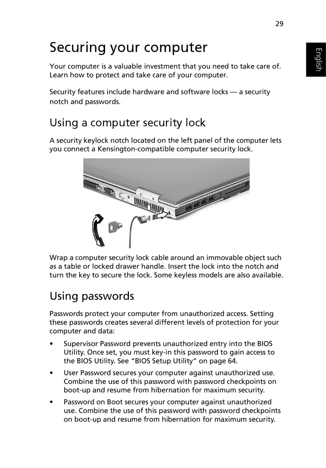 Acer 3400 manual Securing your computer, Using a computer security lock, Using passwords 