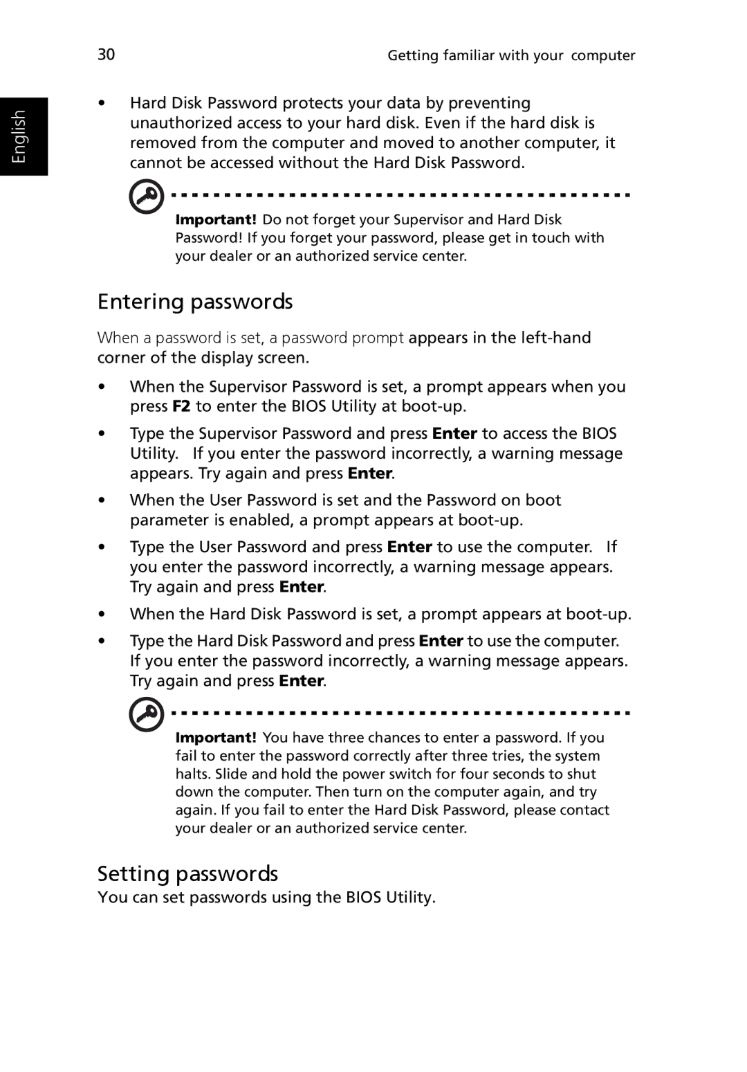 Acer 3400 manual Entering passwords, Setting passwords 