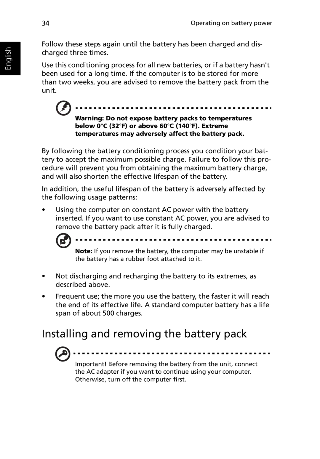 Acer 3400 manual Installing and removing the battery pack 