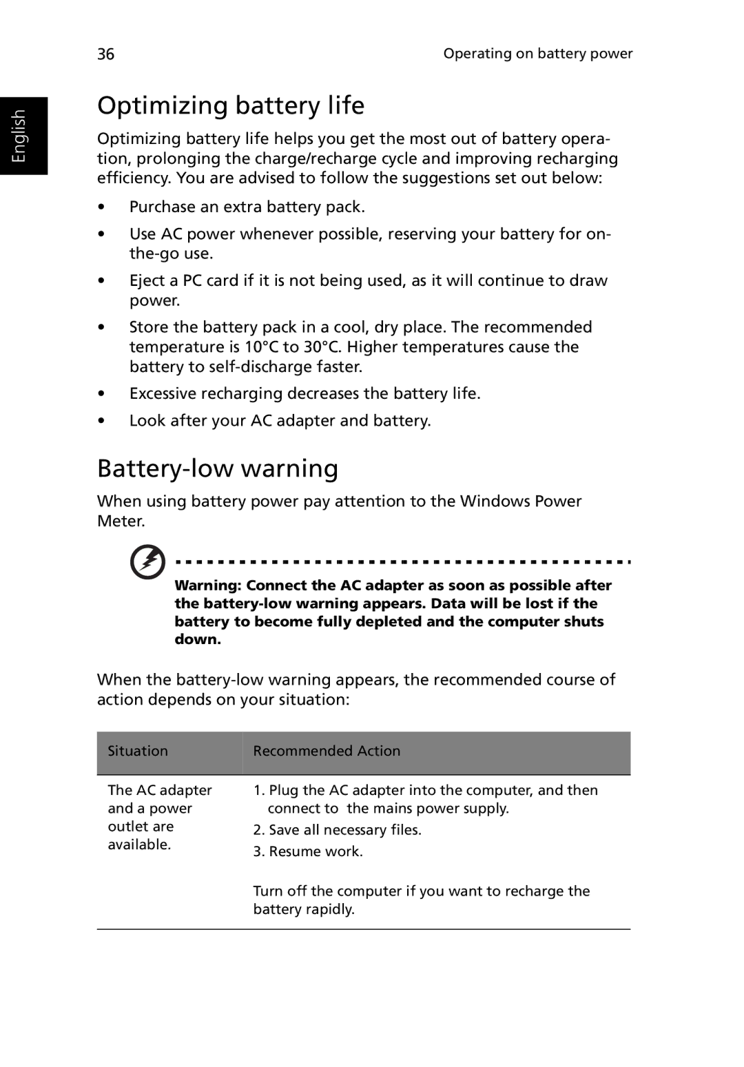 Acer 3400 manual Optimizing battery life, Battery-low warning 