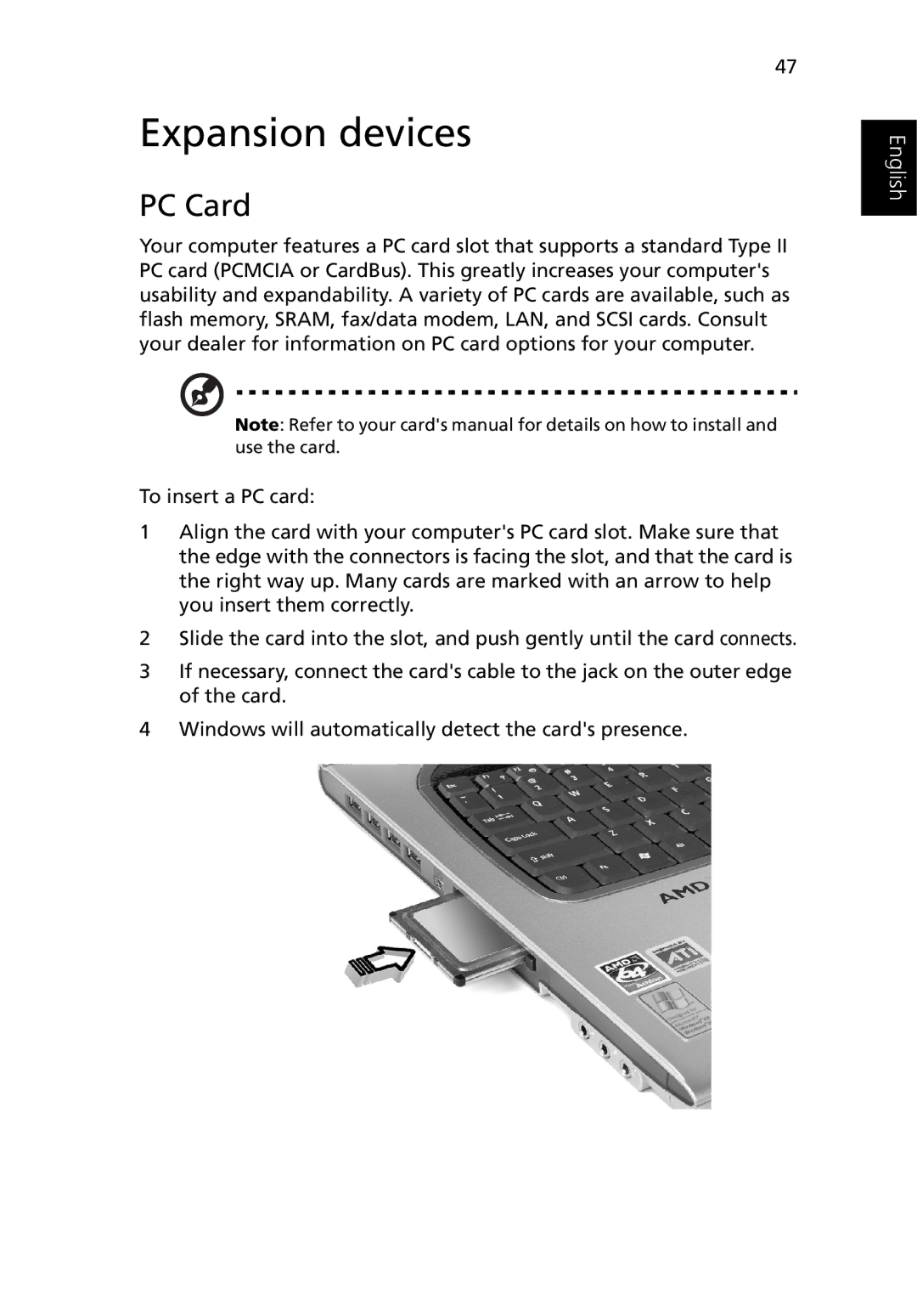 Acer 3400 manual Expansion devices, PC Card 