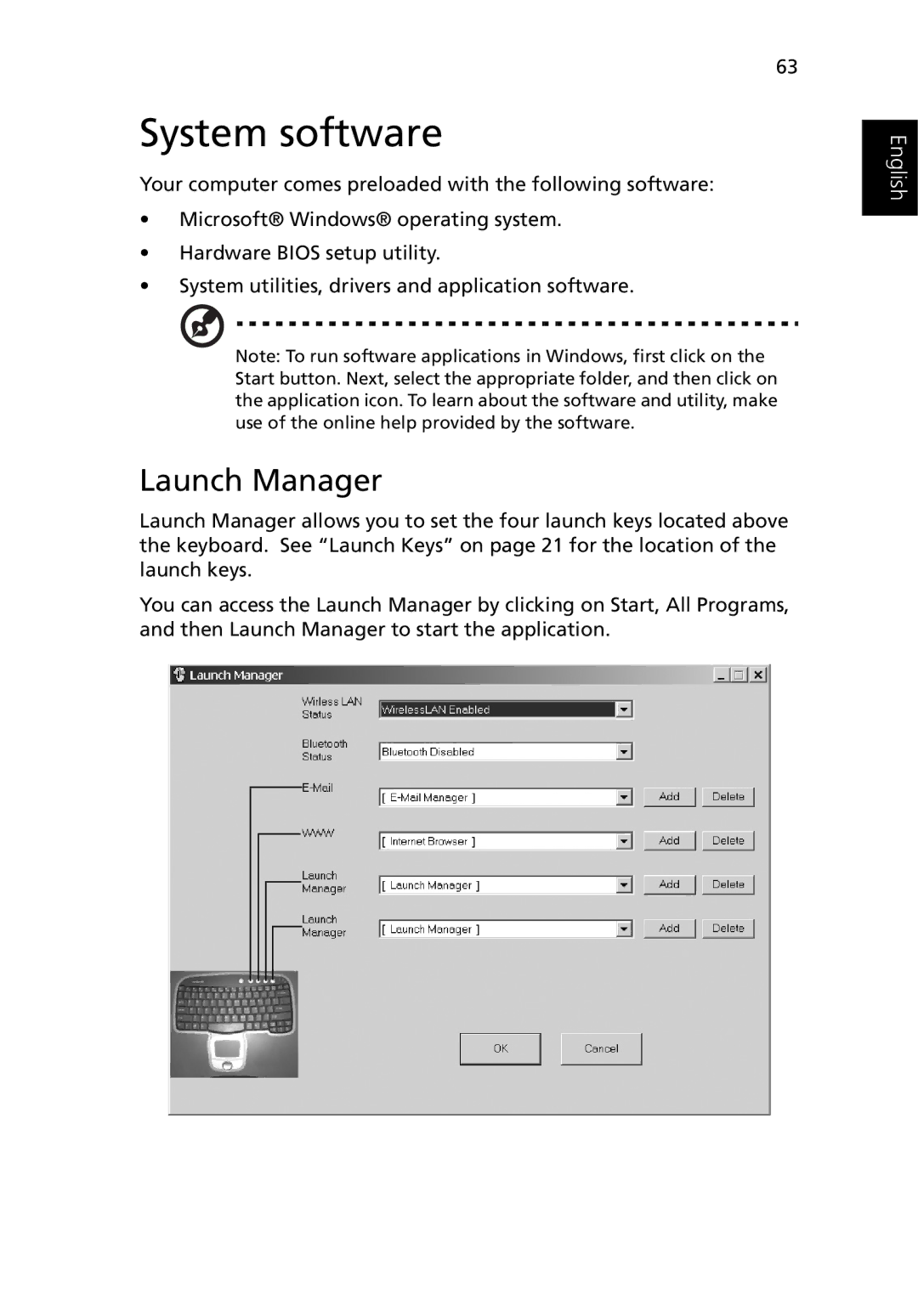 Acer 3400 manual System software, Launch Manager 