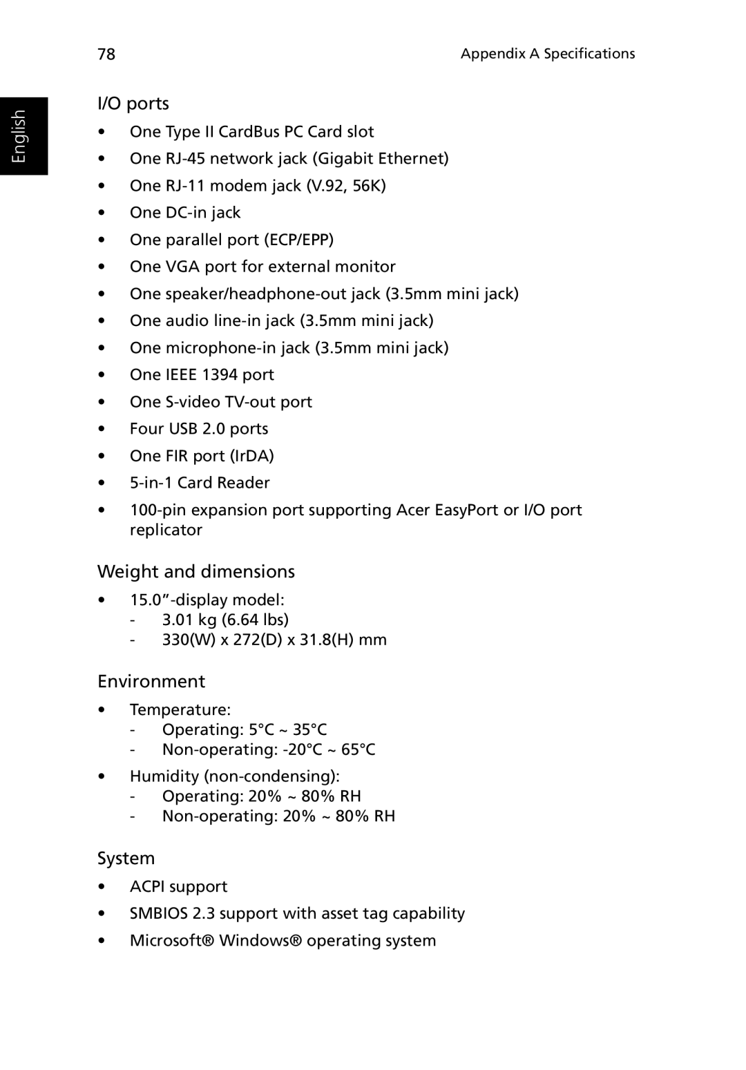 Acer 3400 manual Weight and dimensions 