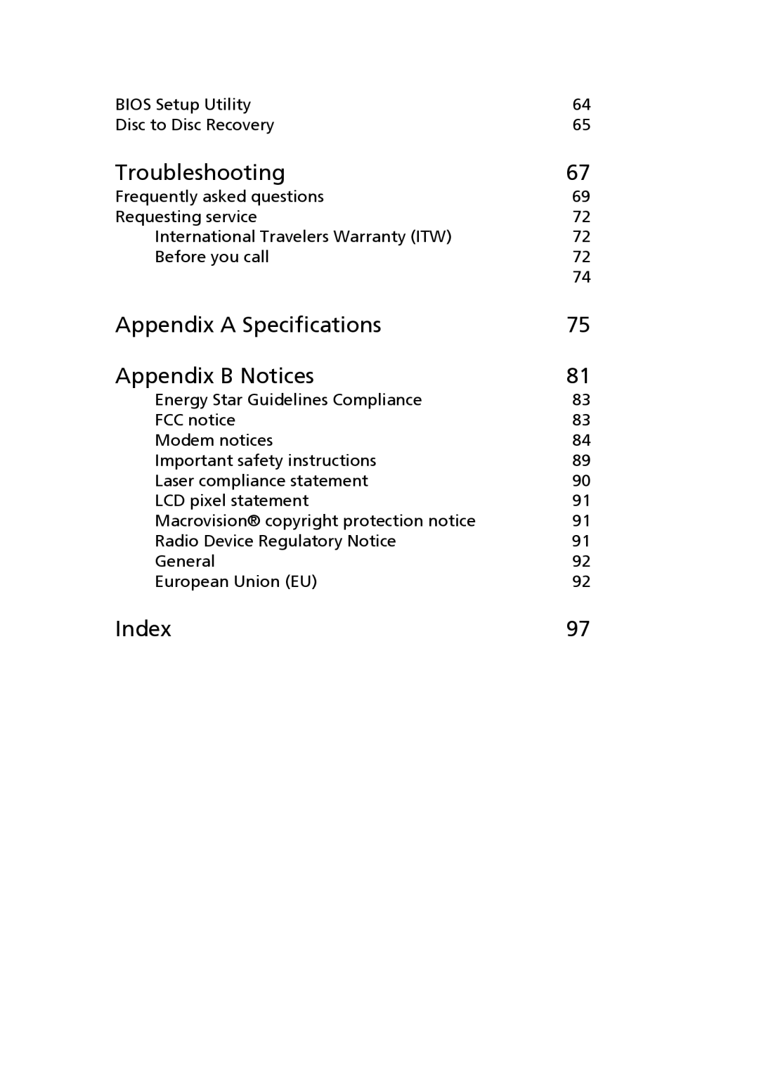 Acer 3400 manual Troubleshooting, Appendix a Specifications Appendix B Notices, Index 