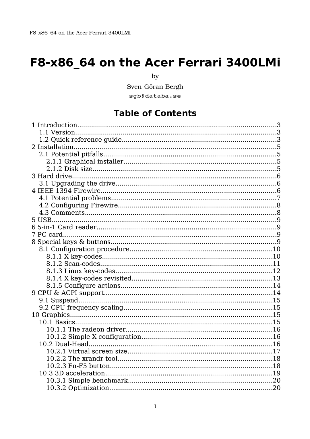 Acer 3400LMI manual F8-x8664 on the Acer Ferrari 3400LMi, Table of Contents 