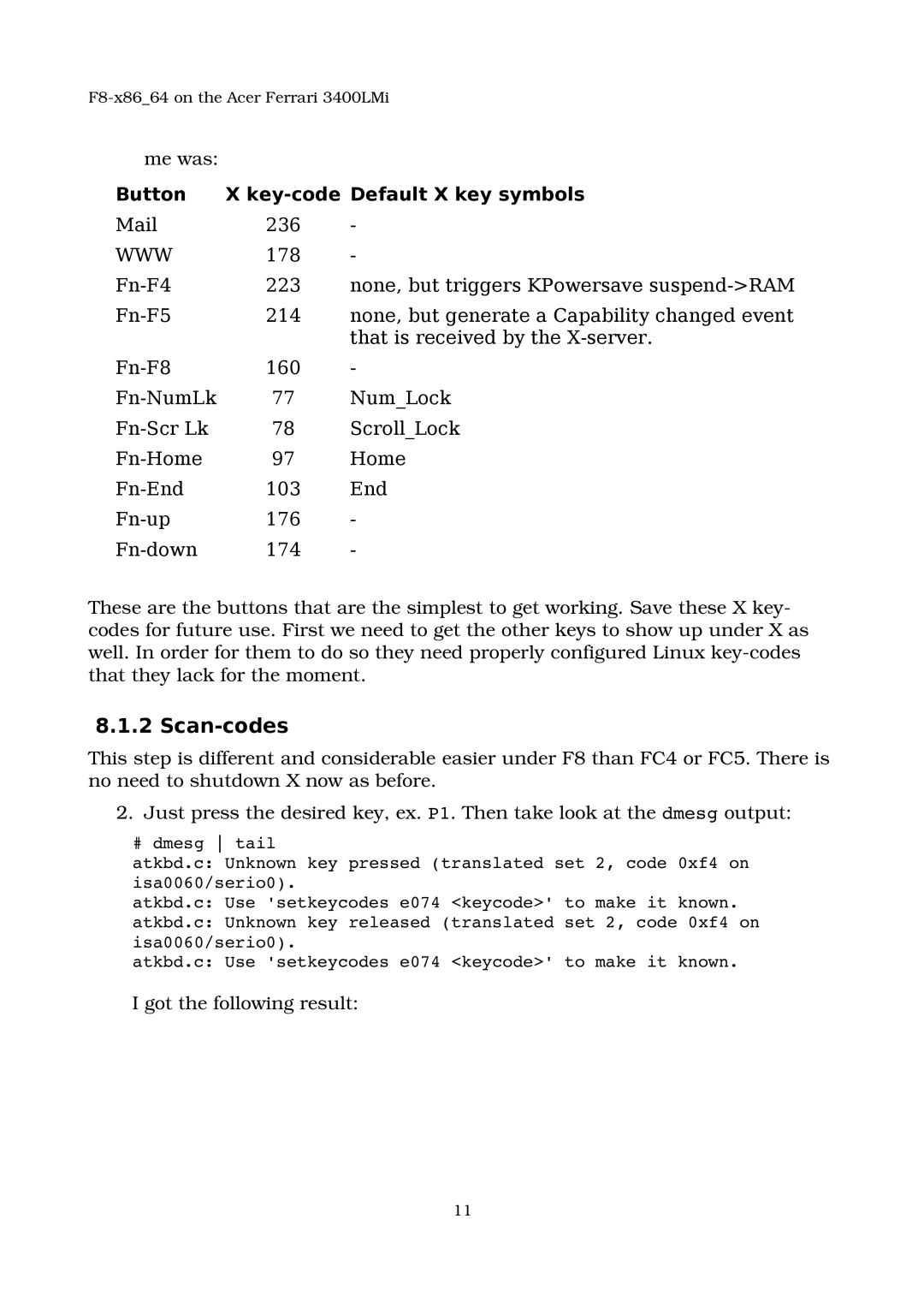 Acer 3400LMI manual Scan-codes, Button Key-code Default X key symbols 