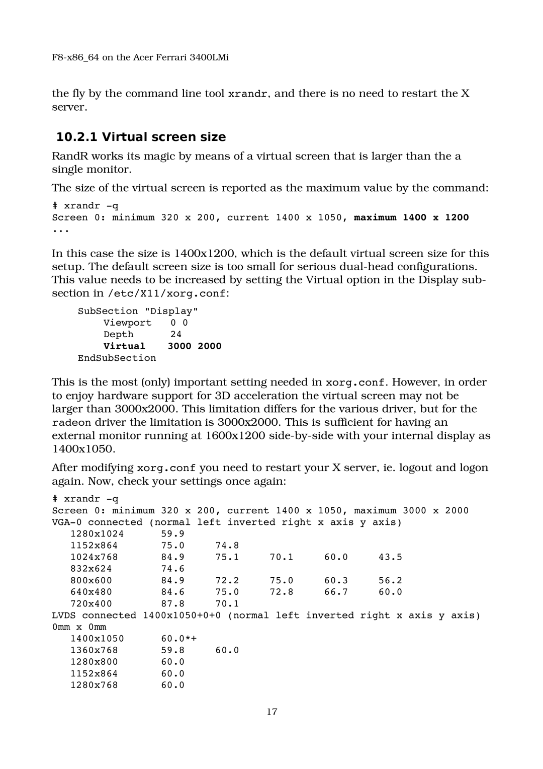 Acer 3400LMI manual Virtual screen size, # xrandr ­q Screen 0 minimum 